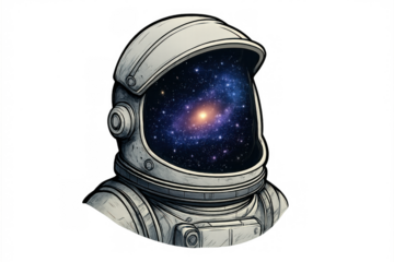 Astronaut helmet featuring a spiral galaxy and stars in its visor, representing space exploration and cosmic imagination. Transparent background