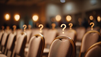 Rows of empty chairs in a conference setting with suspended question marks, symbolizing mystery or uncertainty.