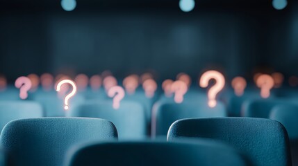 Glowing question marks float above empty seats in a dimly lit auditorium, symbolizing curiosity and unanswered questions.