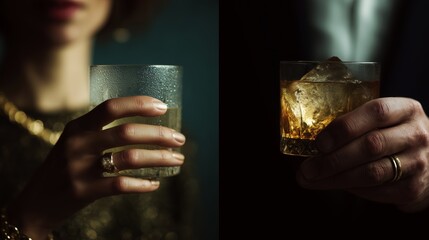 Close-up of stylish hands holding whiskey glasses, capturing a sophisticated and intimate party atmosphere with elegant lighting.