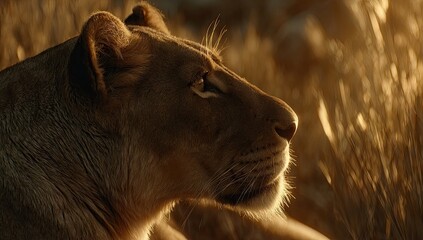 Naklejka premium Majestic lioness rests in golden grasses at sunset.