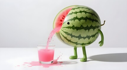 Surreal Watermelon Character Pouring Fresh Juice into Glass on White Background- quirky, advertisement, drink, fruits, funny, cartoon, fantasy
