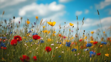 A vibrant summer meadow of wild poppies and yellow blossoms in a field of flowers
