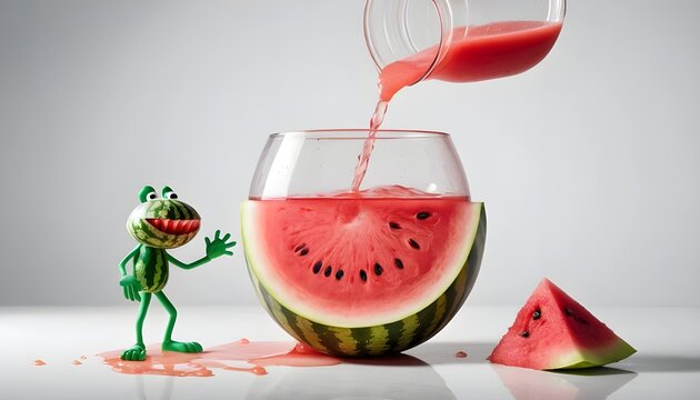 Surreal Watermelon Character, jug Pouring Fresh Juice into Glass on White Background - quirky, advertisement, drink, fruits, funny, cartoon, fantasy