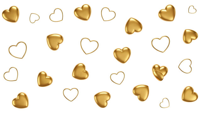 Golden hearts floating, isolated on transparent background
