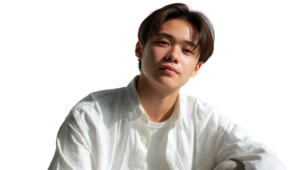 Modern Portrait: A handsome young man of Asian descent poses with confidence, capturing his clean-cut appearance.
