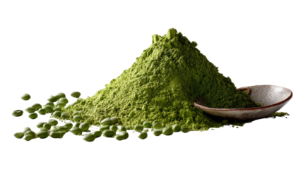 Powdered Matcha Tea and Bowl: An artful shot featuring a vibrant green mountain of matcha powder beside a ceramic bowl. Perfectly demonstrating the essence of a nutritious boost in a creative style