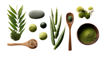 Zen Garden Still Life: An artistic collection of natural elements like leaves, stones, pods, and herbs, arranged in a visually pleasing composition, evoking a sense of calm and natural harmony.