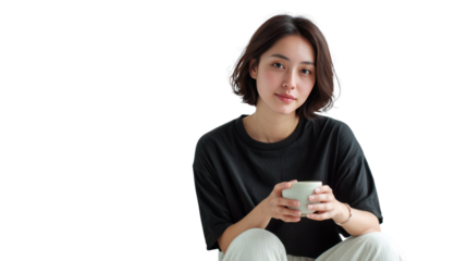 Serene Moment: A Young woman, gracefully poised, cradles a delicate cup, her gaze reflecting a quiet introspection, capturing the essence of solitude and contentment.