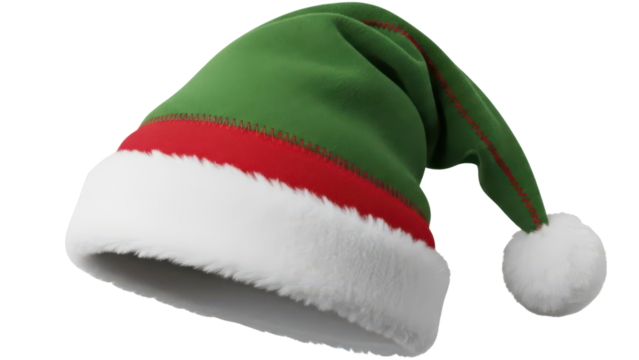 A green and red elf hat with a white pompom on the end, perfect for Christmas.
