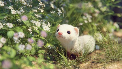 Small white ferret looks up from lush green foliage dotted with wildflowers.