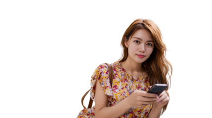 Digital Interaction: A young woman is engrossed in her phone, her gaze is soft and engaging. The setting emphasizes connection, communication, and modern lifestyles.