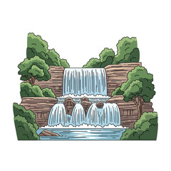Cartoon Illustration of a Cascading Waterfall with Lush Greenery and Rocks