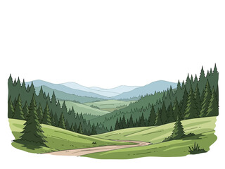 Cartoon Landscape with Rolling Hills, Evergreen Trees, and Winding Path