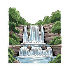 Cartoon Waterfall Landscape with Trees and Rocks Illustration