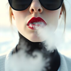 Woman Exhaling Frosty Breath / mist with Red Lipstick and black Sunglasses in Winter Close Up Portrait - Snowy Landscape