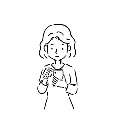 線画・俯いてスマホを操作している若い女性