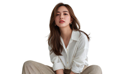 Graceful Demeanor: A captivating person sits in a relaxed pose, exuding an air of natural elegance. Her serene gaze and composed demeanor captivate the eye.