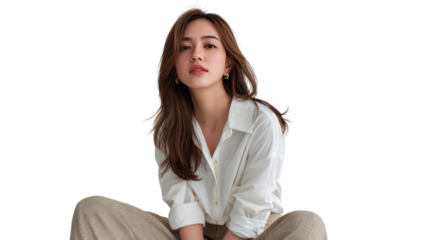 Graceful Demeanor: A captivating person sits in a relaxed pose, exuding an air of natural elegance. Her serene gaze and composed demeanor captivate the eye.