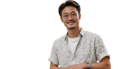 Smiling Portrait: A handsome gentleman in glasses beams with warmth, his expression conveying approachable charm and friendly optimism. 