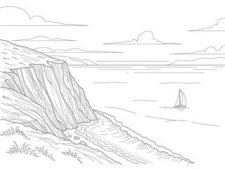 Coastal Cliff Line Art with Sailboat on the Water