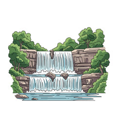 Cartoon Waterfall with Rocks and Green Trees Illustration