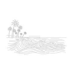 Detailed Line Art Depicting Ocean Waves, Palm Trees, and Beach Scene