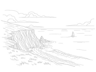 Coastal Cliffside Landscape Illustration with Ocean, Waves, and Sailboat.