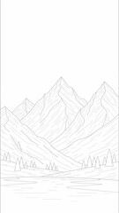 Detailed Line Art Depicting Majestic Mountains and Evergreen Trees