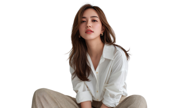 Graceful Demeanor: A captivating person sits in a relaxed pose, exuding an air of natural elegance. Her serene gaze and composed demeanor captivate the eye.