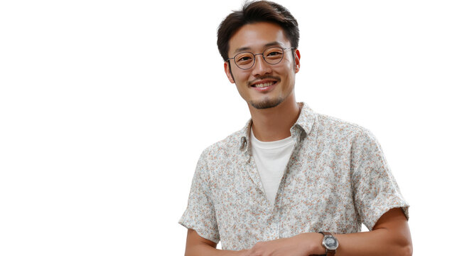 Smiling Portrait: A handsome gentleman in glasses beams with warmth, his expression conveying approachable charm and friendly optimism. 