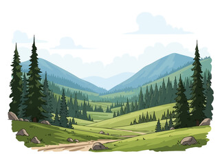Scenic Illustration of a Lush Valley with Mountains, Trees, and Clouds.
