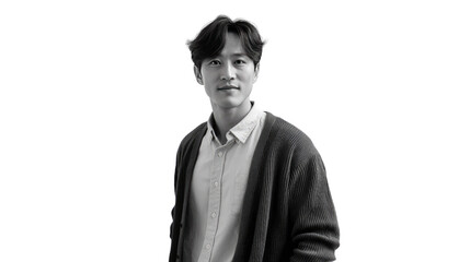 Black and White Studio Portrait: A composed and self-assured man in a studio portrait, his gaze directed forward as he stands confidently. 