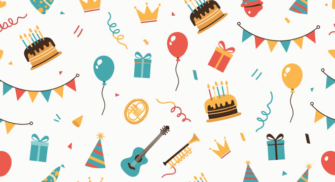 A festive and seamless birthday party pattern with colorful cakes, balloons, gifts, and confetti on a light cream background.