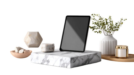 Digital Harmony: An eye-level shot captures a sleek tablet centerpiece amidst minimalist décor. The tableau is a symphony of sophistication with a clean, modern aesthetic. The tablet.
