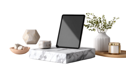 Digital Harmony: An eye-level shot captures a sleek tablet centerpiece amidst minimalist décor. The tableau is a symphony of sophistication with a clean, modern aesthetic. The tablet.