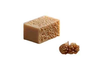 Artisan soap and Dried Pods: An intricately carved bar of artisanal soap alongside delicately textured dried pods. This image encapsulates the essence of natural self-care.