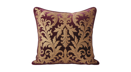 Deep purple throw pillow with ornate gold damask pattern and piped edge isolated on a transparent background
