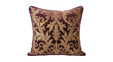 Deep purple throw pillow with ornate gold damask pattern and piped edge isolated on a transparent background