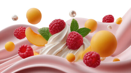 Whipped Cream Fantasy: A colorful scene of sweet and delicious desert includes fresh raspberry and mango surrounded by cream with decorative pearls.