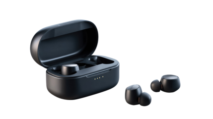 Wireless Audio Bliss: A sleek pair of wireless earphones alongside their charging case, ready to deliver immersive sound and convenient audio enjoyment. 