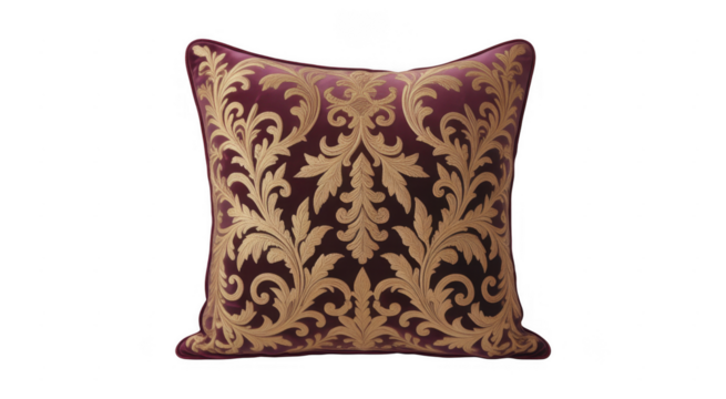 Deep purple throw pillow with ornate gold damask pattern and piped edge isolated on a transparent background - Powered by Adobe