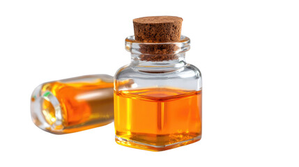 Essence in a Bottle: A close-up shot of a small glass bottle, filled with a golden liquid, and a second one spilled. The scene exudes purity and clarity, hinting at the essence within. 