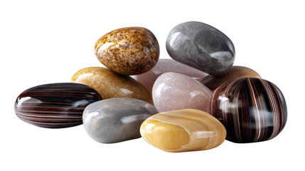 Serene Stones in Harmony: A collection of polished stones, each bearing unique patterns and hues, are nestled together, exuding a sense of peace and natural beauty.