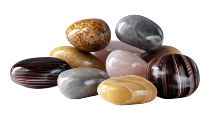 Serene Stones in Harmony: A collection of polished stones, each bearing unique patterns and hues, are nestled together, exuding a sense of peace and natural beauty.
