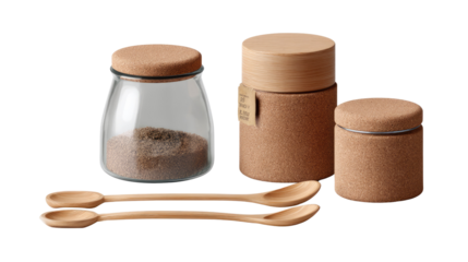 Artisan spice Storage set: Capturing the beauty of simplicity with a collection of spice jars and wooden spoons, perfect for elevating any culinary space.
