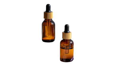 Essential Serum: Close-up of two amber glass bottles, each containing a translucent serum. The dropper is poised, ready to dispense this skincare elixir, promoting beauty.