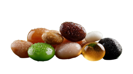 Sweet Colorful Delights: An array of vibrant, glistening jelly beans, showcasing a spectrum of colors and inviting textures. Each bean hints at a unique, delightful flavor.