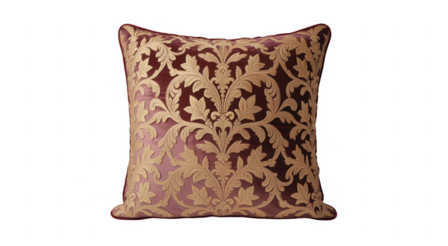 Deep red damask patterned throw pillow with gold ornate floral embroidery isolated on a transparent background