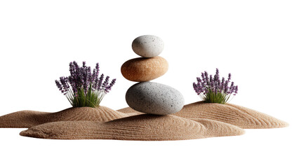 Zen Harmony: A tranquil arrangement of balanced stones and blossoming lavender, exuding a sense of peace and serenity.